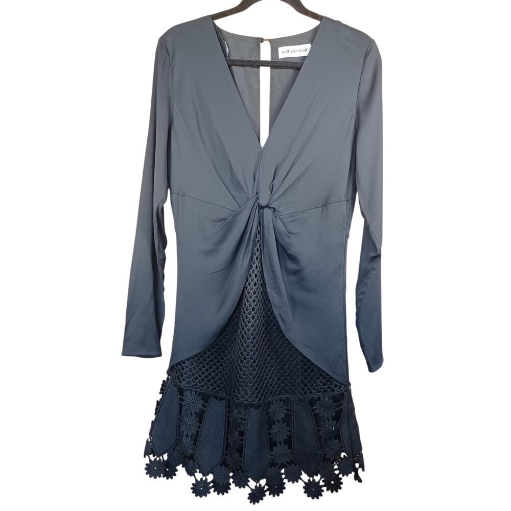 Self-Portrait Black Twist-Front V-Neck Mini Dress with Crochet Lace Hem Coquette